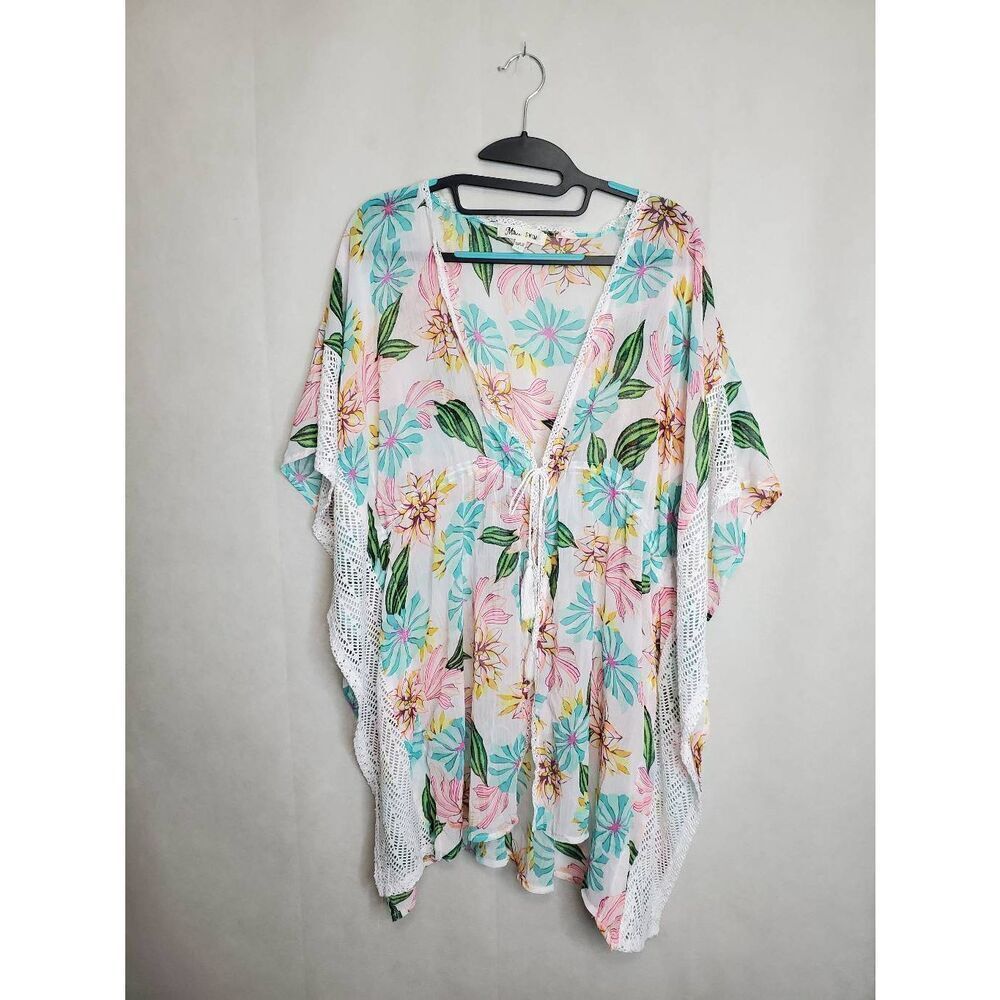 Miken Swim Floral Tie Waist Deep V Lace Trim Sheer Kaftan Swim Coverup Beach